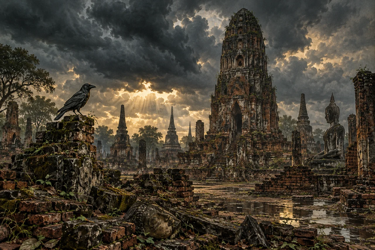 ซากเมืองใต้เมฆฝน: จินตภาพความทรงจำและเรื่องเล่าลางบอกเหตุ · ภาพประกอบเชิงแนวคิด สร้างด้วย AI