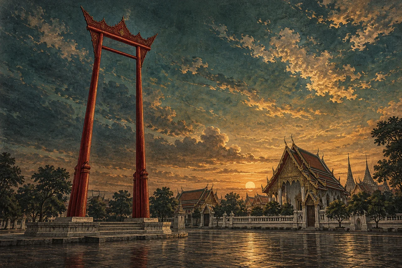 เสาชิงช้ากับแสงยามเย็น: จินตภาพพื้นที่พิธีกรรม ไม่ใช่ภาพพิธีที่บันทึกไว้ · ภาพประกอบเชิงแนวคิด สร้างด้วย AI