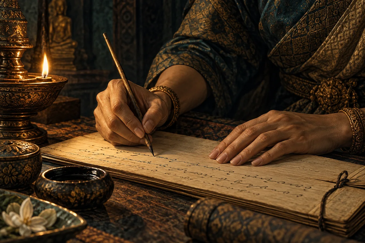 มือของกวีกับต้นฉบับ: จินตภาพประกอบตำนานศรีปราชญ์ ไม่ใช่ภาพเหมือนบุคคล · ภาพประกอบเชิงแนวคิด สร้างด้วย AI
