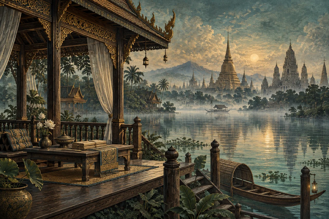 ศาลาริมน้ำและมรดกหลายสาย: จินตภาพการถ่ายทอดความรู้ในสยาม · ภาพประกอบเชิงแนวคิด สร้างด้วย AI